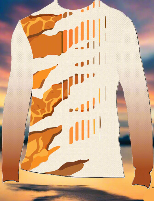 Long-sleeve shirt with abstract orange and brown pattern